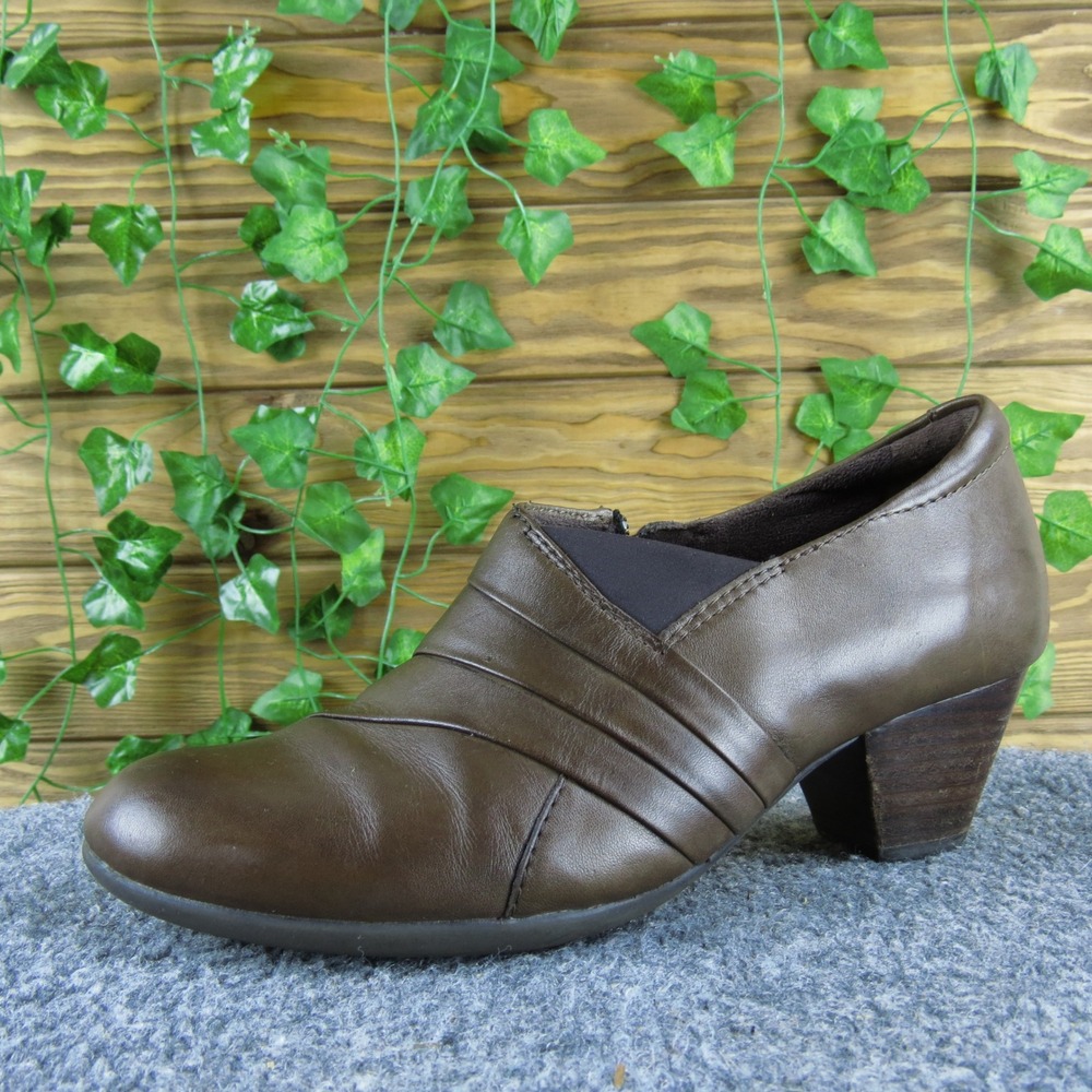 Earth Glory Bark Brown Leather Heeled Ankle Pleated Booties‎ Women's Shoes 7.5